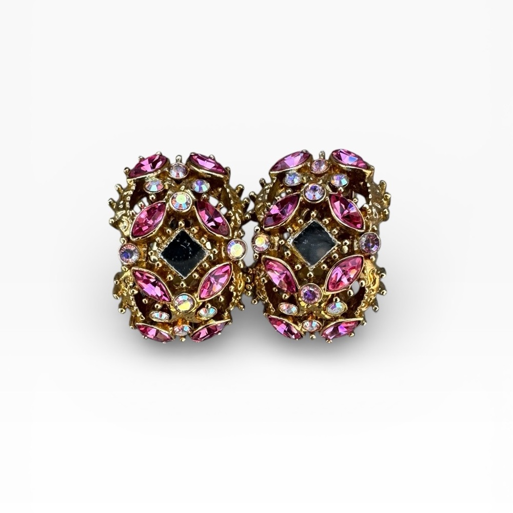 ST JOHN Vintage Gold and Pink Crystal Clip-on Earrings - Picture 4 of 10